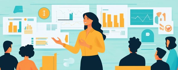 A female presenter engages an audience during a business meeting, showcasing colorful graphs and statistics on a digital board.