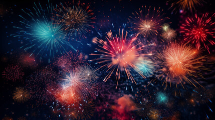 Fototapeta premium Red Green And Blue Fireworks Display In A Starry Night Sky Bright Colorful Explosions Lighting Up The Night With Festive Energy And Excitement