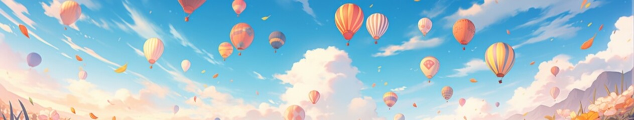 Obraz premium Enchanting Autumn Skies Adventure: A Journey of Colorful Hot Air Balloons Gracefully Rising in the Cool Breeze of Fall, Anime-Style 4K Wallpaper,Happy New Year 2025