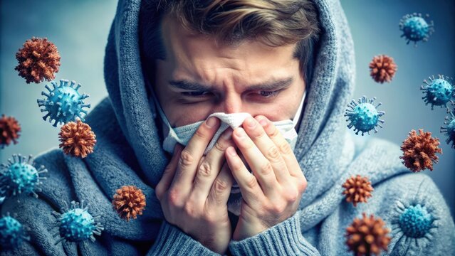 Close-up of a person suffering from a contagious flu virus , epidemic, contagious disease, germ, corona, flu, hepatitis, cold