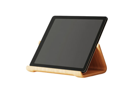 Modern tablet on a wooden stand isolated on transparent background. Perfect for digital or technology-themed content and presentations.