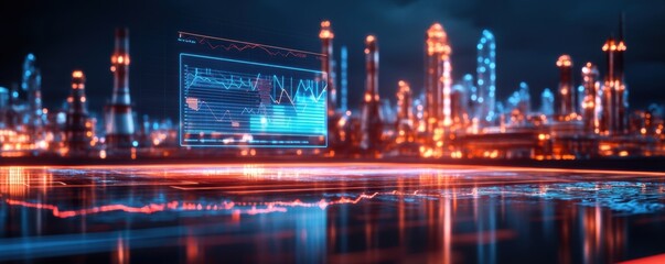 Obraz premium A strategic planning concept featuring a crude oil refinery, with market demand charts displayed on digital screens. 
