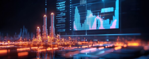 A strategic planning concept featuring a crude oil refinery, with market demand charts displayed on digital screens. 