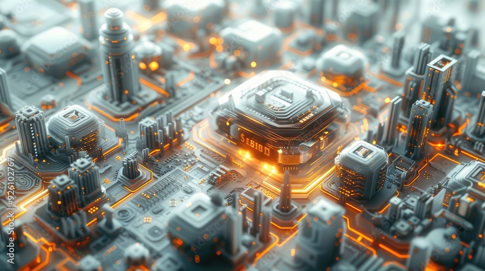 Poster 3d modeling of technology merging with currency in a global financial system.,conceptual architectur