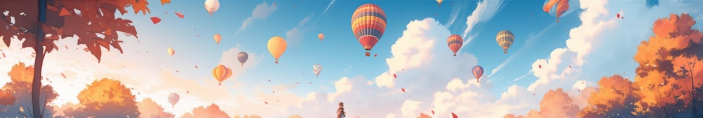 Obraz premium Enchanting Autumn Skies Adventure: A Journey of Colorful Hot Air Balloons Gracefully Rising in the Cool Breeze of Fall, Anime-Style 4K Wallpaper,Happy New Year 2025