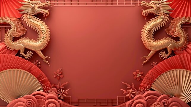 Happy Chinese new year gradient template cards background, dragon, fan. Generative AI.