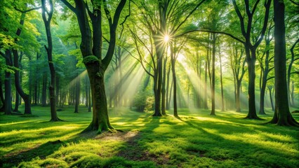 Naklejka premium Lush green forest with sunlight streaming through trees, casting dappled shadows on the ground , nature, forest, green