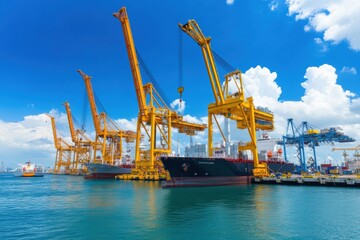 Fototapeta premium Giant cranes unloading crude oil at a port refinery, symbolizing the intricate link between demand and the global supply chain. 