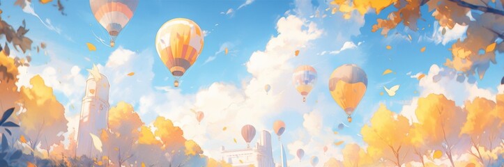 Fototapeta premium Enchanting Autumn Skies Adventure: A Journey of Colorful Hot Air Balloons Gracefully Rising in the Cool Breeze of Fall, Anime-Style 4K Wallpaper,Happy New Year 2025