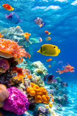 Colorful coral reef with fishes vertical wallpaper or background.