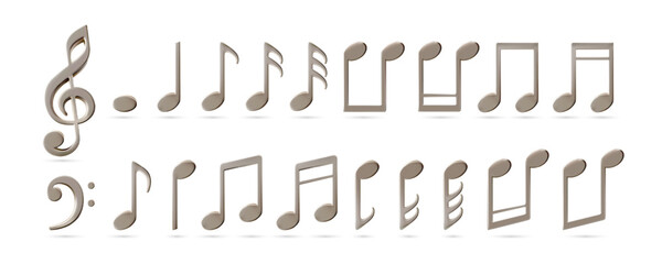 Music sheet elements for melody recording. Treble bass clef and notes icons. Metal decoration for music festival poster. Jazz orchestra, violin and piano or vocal song concert. Dance party celebration