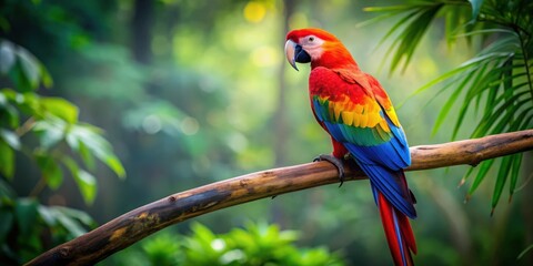 Obraz premium Colorful macaw perching on a branch in the rainforest, macaw, colorful, bird, perching, branch, rainforest, wildlife, vibrant