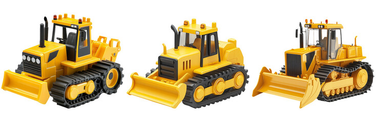 Yellow bulldozers set isolated on transparent background