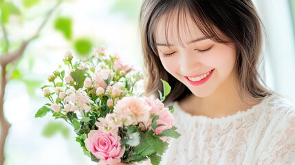 Fototapeta premium A woman with a bright smile holding a bouquet of flowers enjoys the warm sunlight streaming through the window in a cozy atmosphere