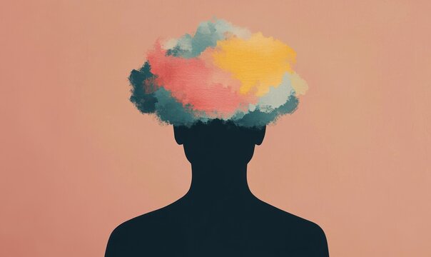 Abstract silhouette of a person with a cloud of thoughts emerging, Human mind, visualizing complex decision-making.