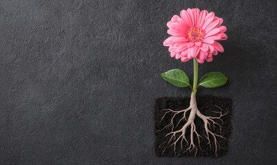 Brain connected to a blooming flower via intricate roots, Organic thought, symbolizing the natural growth of ideas.