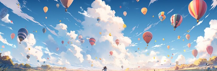 Obraz premium Enchanting Autumn Skies Adventure: A Journey of Colorful Hot Air Balloons Gracefully Rising in the Cool Breeze of Fall, Anime-Style 4K Wallpaper,Happy New Year 2025