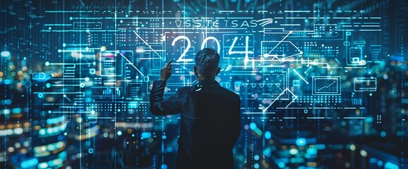 Businessman Interacting with Futuristic Digital Interface with 2024 Written on It.