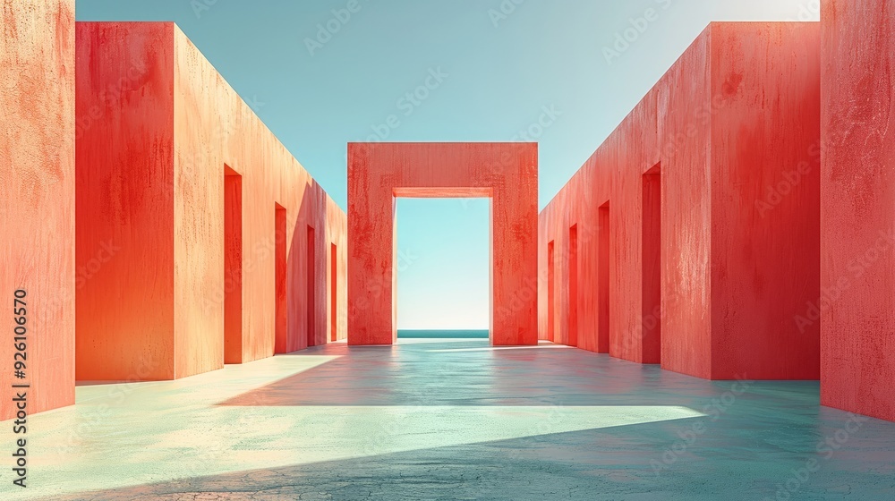 Aufkleber modern outdoor building with soft daylight, a empty square in the middle, with coral colored walls a