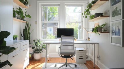 a functional home office with a clean desk, ergonomic chair, and plenty of natural light. Add built-in storage, floating shelves, and a touch of greenery to enhance the workspace.