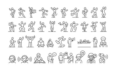 A set of icons depicting various human activities in line style on a white background. The icons illustrate activities like dancing, exercising, reading, and communicating. Vector illustration