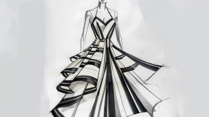 Fashion Design Sketch of a Woman in a Striped Dress