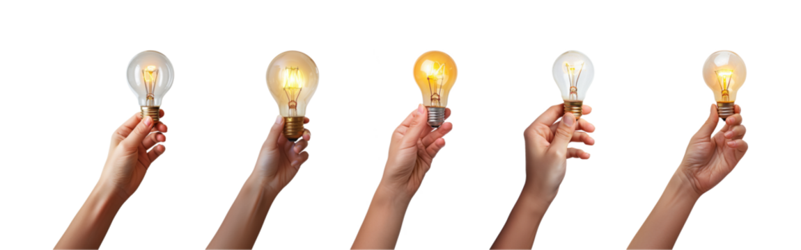 hand-holding light bulb is glowing isolated on a transparent or white background, cut-out, PNG