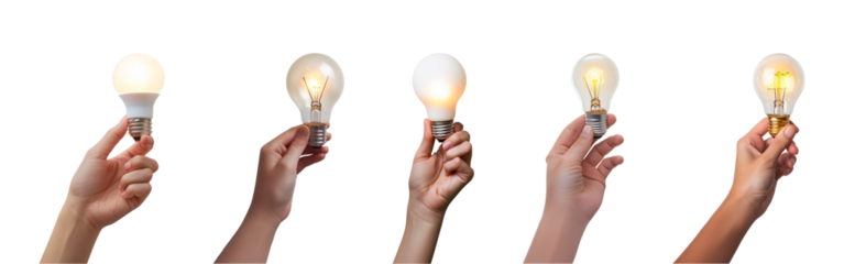 hand-holding light bulb is glowing isolated on a transparent or white background, cut-out, PNG