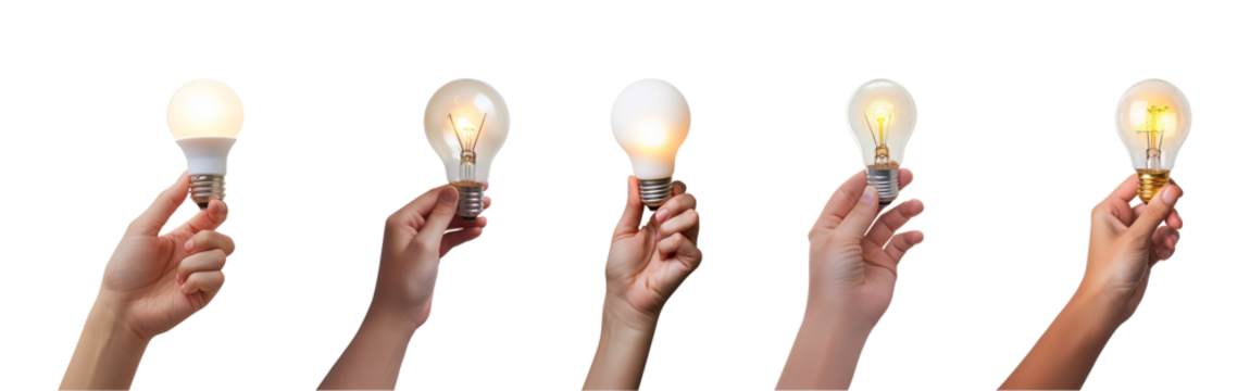 hand-holding light bulb is glowing isolated on a transparent or white background, cut-out, PNG
