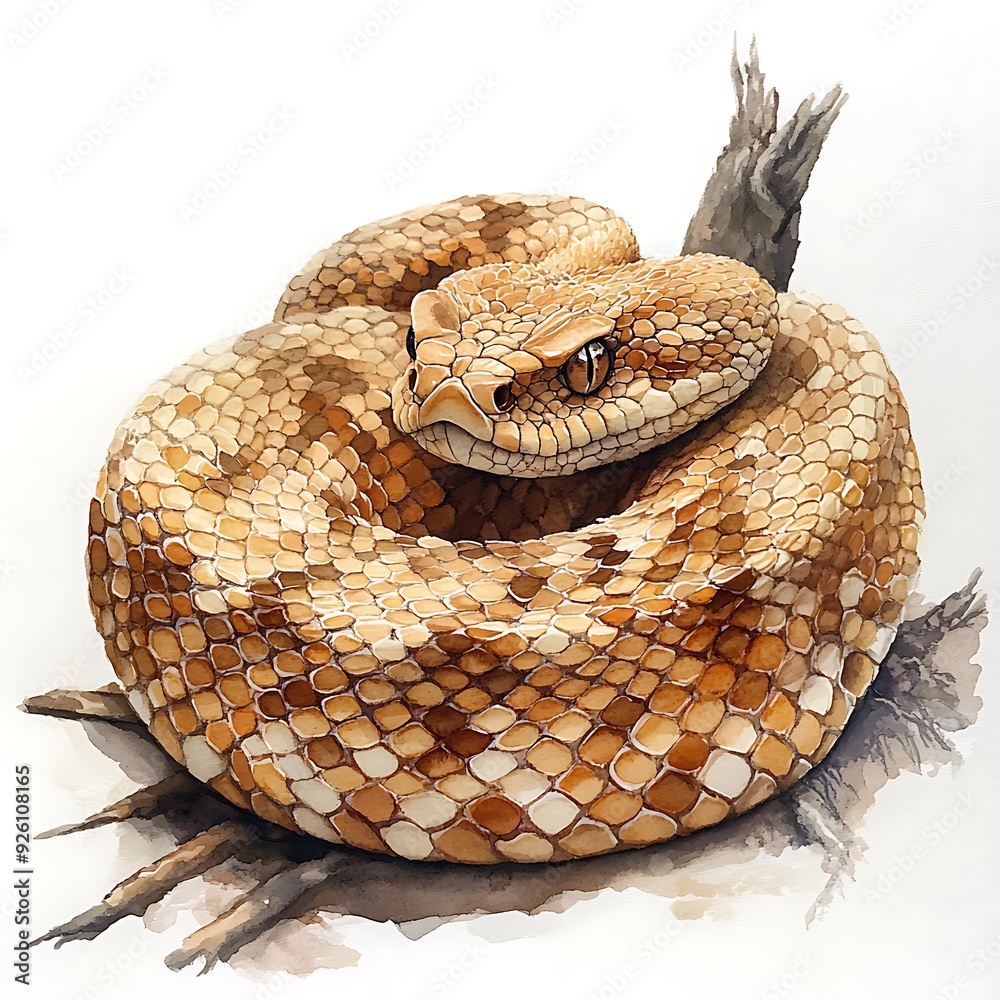 Canvas Prints Watercolor Illustration of a Rattlesnake Coiled on a Branch.