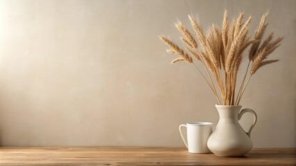 Minimalist still life with dried wheat stalks in a ceramic vase and a white mug on a wooden surface against a neutral beige background, perfect for rustic decor, natural aesthetics, and cozy home inte