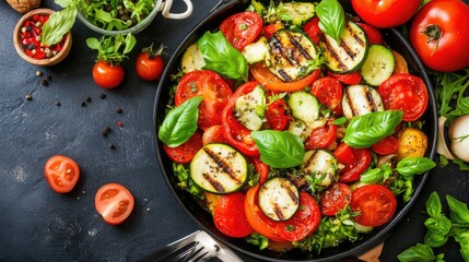 A vibrant grilled ratatouille made with fresh vegetables is beautifully arranged in a black pan, set against a dark background, inviting culinary creativity