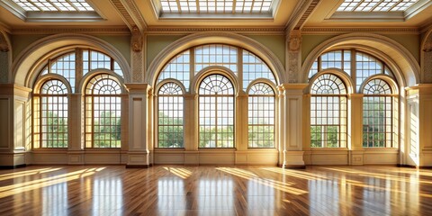 Large bright hall with three arched windows in classic style, hall, bright, large, windows, arched, classic, architecture