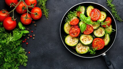 A vibrant grilled ratatouille made with fresh vegetables is beautifully arranged in a black pan, set against a dark background, inviting culinary creativity