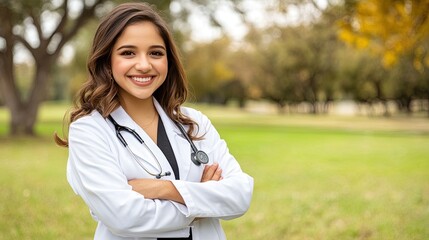 A beautiful Indian doctor smiles confidently in her white coat, showcasing her dedication and professionalism against a lush, blurred green background