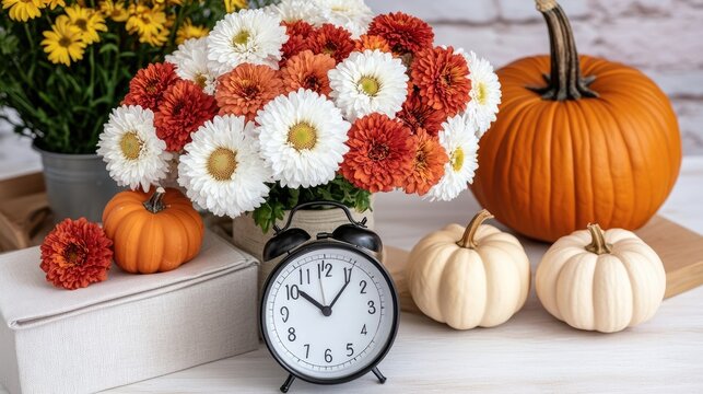 A warm autumn setup featuring vases with white and orange flowers, candles, and pumpkins, exuding a cozy seasonal vibe perfect for fall décor
