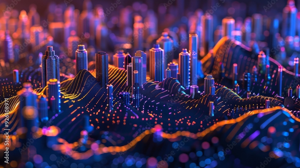 Poster A stunning skyline comes alive with colorful lights highlighting towering structures, capturing the essence of a technologically advanced urban environment