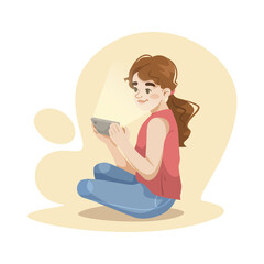 Illustration of a girl sitting on the floor, holding a smartphone and looking at the screen. Concept of technology use by children. Vector illustration