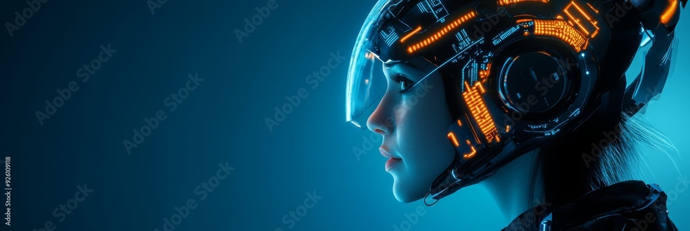 Poster Futuristic Woman in High-Tech Helmet - A woman in a futuristic helmet with glowing lights, symbolizing technology, innovation, the future, cyberspace, and artificial intelligence.