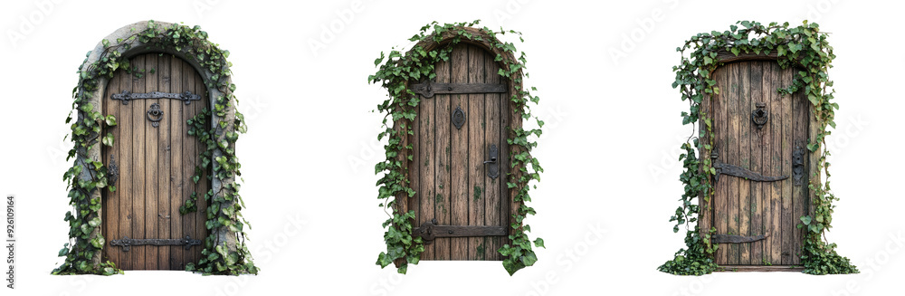 Wall mural Old wooden doors with ivy set isolated on transparent background