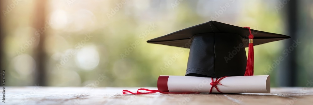 Canvas Prints Graduation Cap and Diploma on Wooden Table with Blurred Green Background - A black graduation cap sits atop a rolled-up diploma tied with a red ribbon, symbolizing achievement, knowledge, success, and