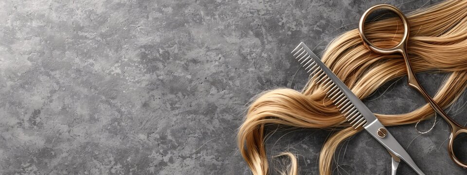 Hairdresser scissors with comb and strand of blonde hair on grey background
