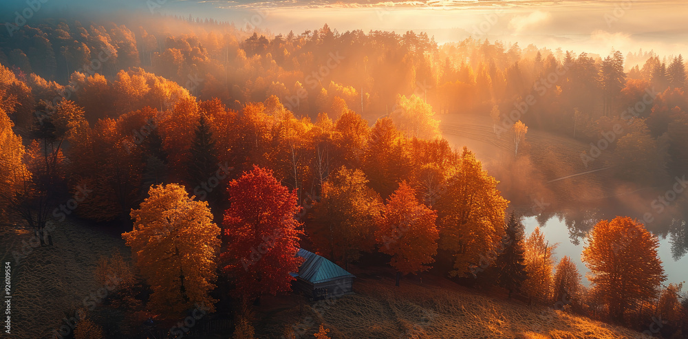 Poster first days of autumn. taken from an elevated position. generative ai.