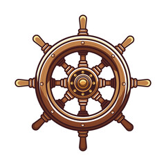 Detailed illustration of a wooden ship steering wheel with multiple handles, depicted on a clean white background, representing maritime navigation and marine concepts. Vector illustration © GN.STUDIO