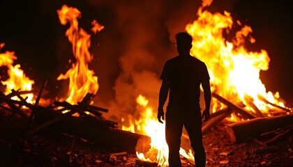 fire background featuring a roaring bonfire with vivid flames, flickering shadows cast on the ground, the outline of a person standing near the fire, a male with dark hair create with ai
