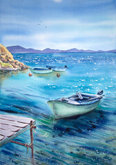 Hand-painted watercolor boats painting. Watercolor seascape with fishing boats at the pier. Watercolor azure sea with the boats.