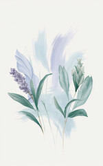 A minimalist abstract painting with soft brushstrokes of light blue, lavender, and mint green on a white background