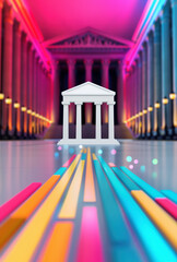 Futuristic illustration of a classical building with pillars, set against a vibrant, colorful background, symbolizing modern finance and innovation.