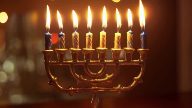 hanukkah lit menorah with eight candles burning bright in focus with blurred bokeh background festive holiday celebration video