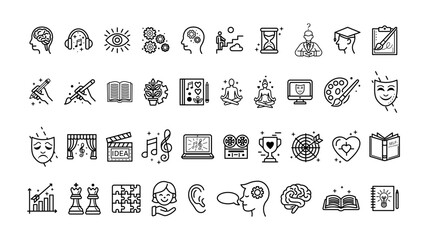 Collection of self-development and creativity icons in a minimalist black-and-white style. Includes various elements like books, brains, yoga, and art tools. White background. Vector illustration